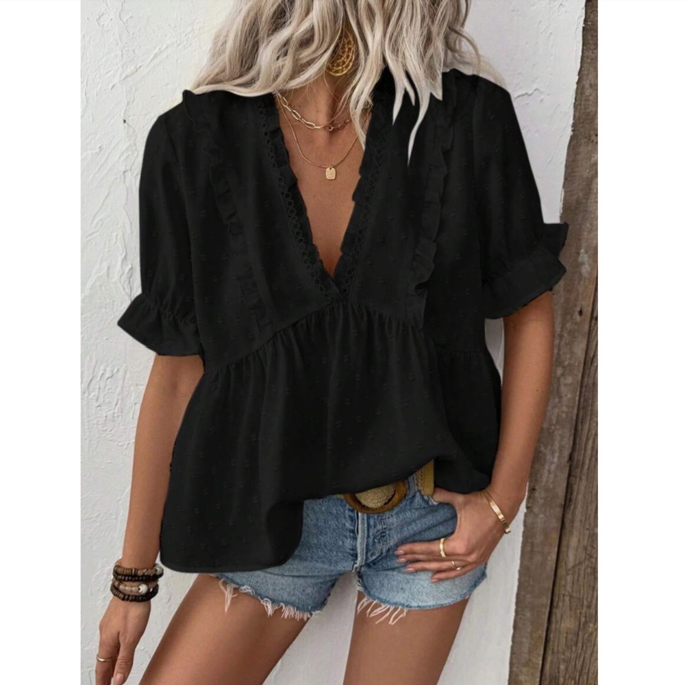 Black Swiss Dot Babydoll V-Neck Short Puff Sleeve Top Shirt Frill Ruffle Trim